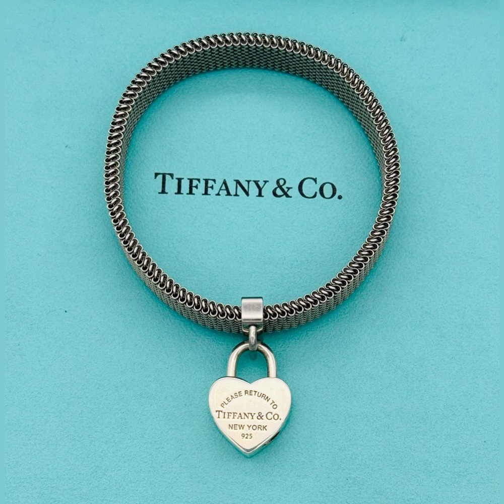 Tiffany & Co Grey Steel Mesh Stretch Bracelet with Heart Medium RTT Lock Charm